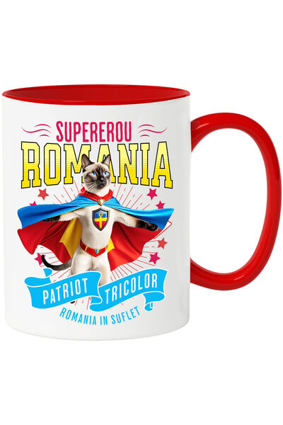 StoryGift Romania Cana cu Siamez / Siamese Pisica In Costum de Capitan Romania cu Pelerina, Erou N, Cu Maner Rosu