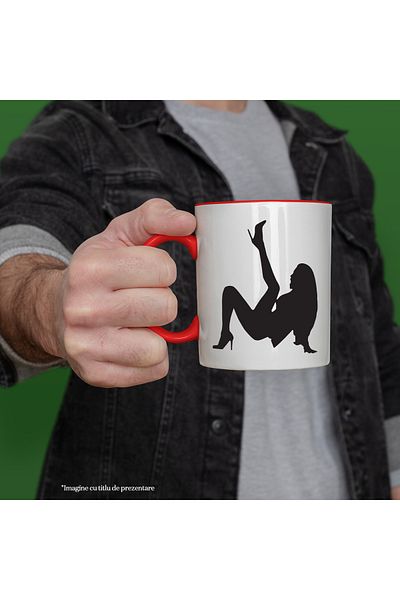 StoryGift Romania Mug with a woman holding one leg up with a red handle, with a red handle STG, STG, STG