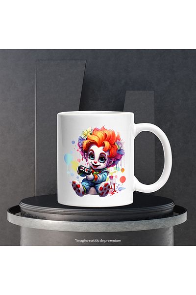 StoryGift Romania Cana cu un baietel clovn | ilustratie | pete de culoare | tine un controller | f, Cu Maner Alb