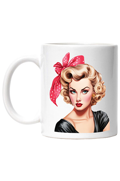 StoryGift Romania Cana cu o femeie frumoasa blonda, funda, ilustratie, stil r...