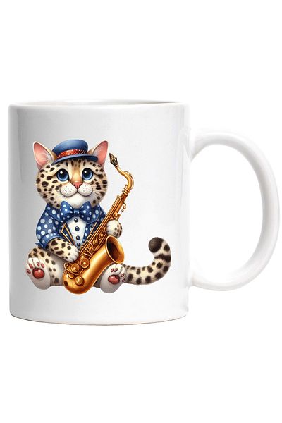 StoryGift Romania Mug with a cheetah cub holding a saxophone | illustration | music | instrument, With White Handle