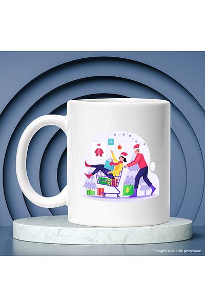 StoryGift Romania Cana Cu Carucior, Costum, Brad, Craciun, Multicolor 330 ml, Ceramica cu Maner Al, Cu Maner Alb