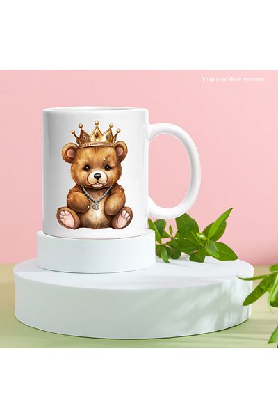 StoryGift Romania Cana cu un ursulet cu o coroana regala | ilustratie | lantisor din pietre pretio, Cu Maner Alb