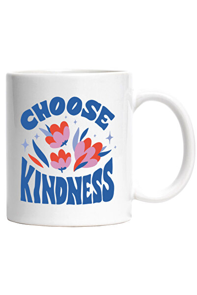 StoryGift Romania Cana Cu Mesaj In Engleza Choose Kindness, Flori, Frunze, Stele, Multicolor 330 m, Cu Maner Alb