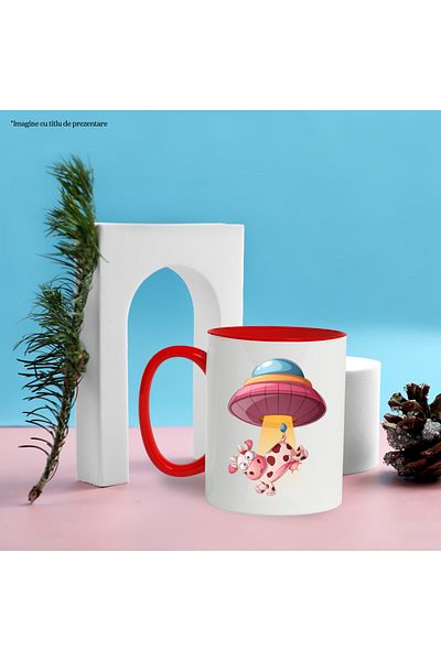 StoryGift Romania Mug With UFO, Cow, Abduction, Aliens, SF, Multicolor 330 ml, Ceramic with Ma, With Red Handle