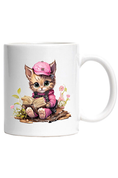 StoryGift Romania Cana cu o pisicuta care citeste dintr-o carte | ilustratie | invata | lectura | , Cu Maner Alb