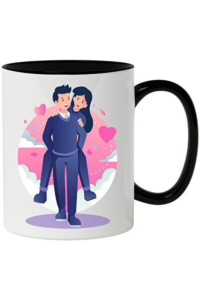 StoryGift Romania Cana Cu Cuplu, Indragostiti, Inimi, Cer, Multicolor 330 ml, Ceramica cu Maner Ne, Cu Maner Negru