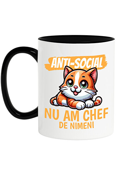 StoryGift Romania Cana cu Pisica Portocalie Vesela Ochii Verzi Text Anti-soci...