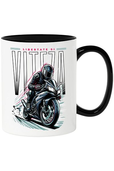 StoryGift Romania Cana cu Barbat Cu Echipament Pe Motor Viteza Adrenalina Text Libertate Si Viteza, Cu Maner Negru