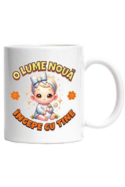 StoryGift Romania Cana cu Copil Bebe Fata Cu Funda Text O Lume Noua Incepe Cu Tine, Familie, Ceram, Cu Maner Alb