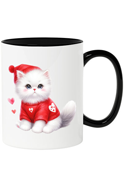 StoryGift Romania Cana cu o pisicuta imbujorata | ilustratie | caciula rosie | bluza | frig | iarn, Cu Maner Negru