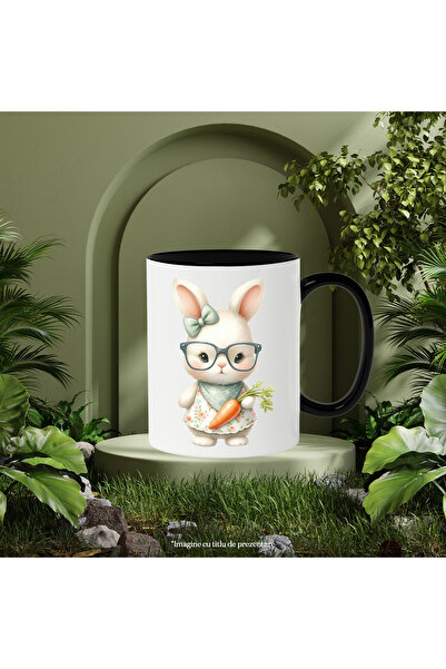 StoryGift Romania Mug with a bunny in a white dress with popcorn, illustration, carrot, tasty, oh, With Black Handle