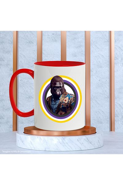 StoryGift Romania Cana Cu Gorila, Cerc, Sacou Cu Flori, Camasa, Multicolor 330 ml, Ceramica cu Man, Cu Maner Rosu