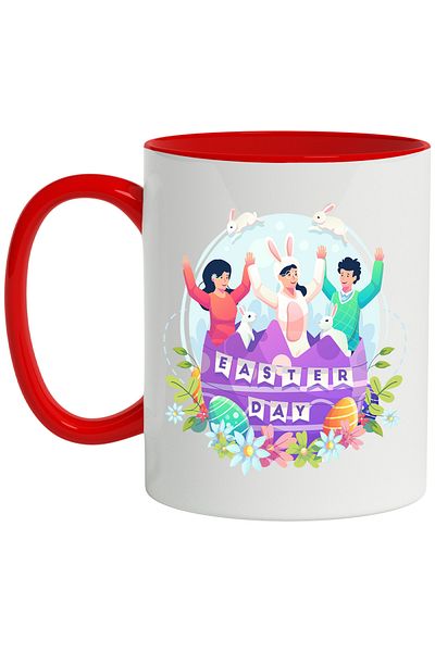 StoryGift Romania Cana Cu Mesaj In Engleza Easter Day, Paste, Iepuri, Costum, Oua, Flori, Multicol, Cu Maner Rosu