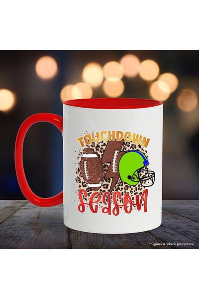 StoryGift Romania Mug with American football ball, lightning bolt and green helmet with the message "Touchdown Se, Cu, STG"