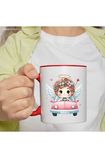 StoryGift Romania Mug with a baby with angel wings driving a car | illustration | heart, With ,STG.