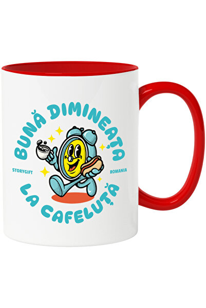 StoryGift Romania Cana cu Ceas Mecanic Cu Cafea Si Hot-Dog Buna Dimineata La Cafeluta, Ceramica, 3, Cu Maner Rosu