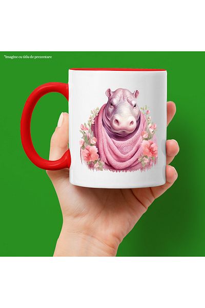 StoryGift Romania Mug with a nervous hippopotamus | illustration | popcorn | thick coat | cold | years, With ,STG