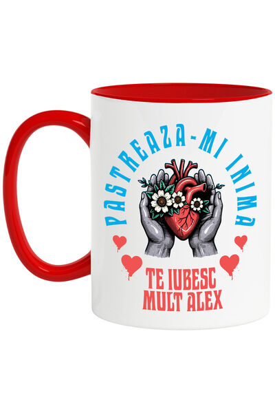 StoryGift Romania Cana cu Inima Cu Flori Albe in Maini Umane Text Pastreaza-t...