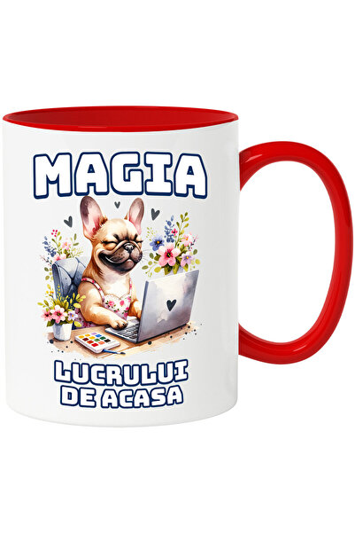 StoryGift Romania Cana cu Caine la Birou Calculator Text Magia Lucrului De acasa, Ceramica, 330ML,, Cu Maner Rosu