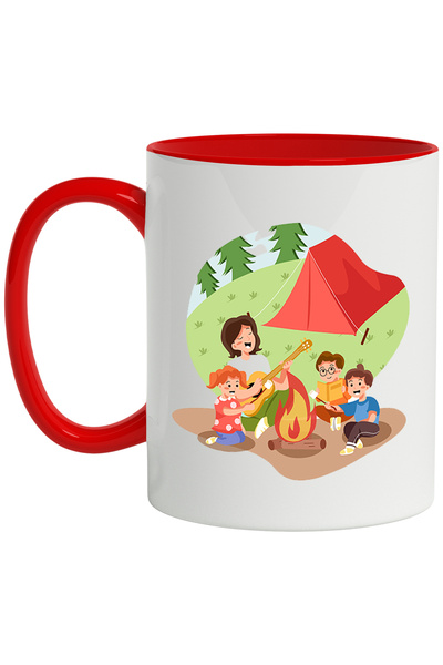 StoryGift Romania Cana Cu Copii, Parinte, Chitara, Cort, Multicolor 330 ml, Ceramica cu Maner Rosu, Cu Maner Rosu