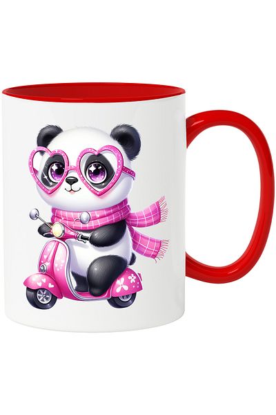 StoryGift Romania Cana cu o ursoaica Panda care conduce un scuter | plimbare | viteza | fular | oc, Cu Maner Rosu