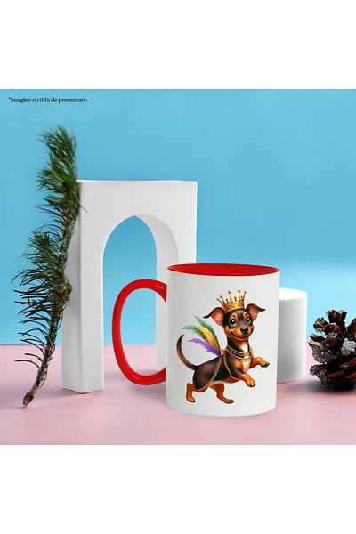 StoryGift Romania Cana cu un catel Dachshund, ilustratie, vesel, danseaza, acrobatii, circ, pene, , Cu Maner Rosu