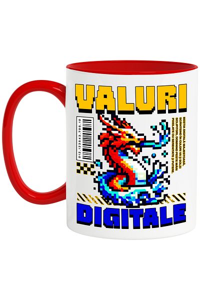 StoryGift Romania Cana Valuri Digitale dragon lume virtuala joc video, 330ml, Ceramic cu Maner Ros, Cu Maner Rosu