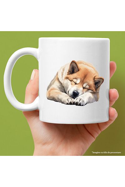 StoryGift Romania Cana cu un caine Chow Chow care doarme | ilustratie | somn | ora de culcare | ob, Cu Maner Alb