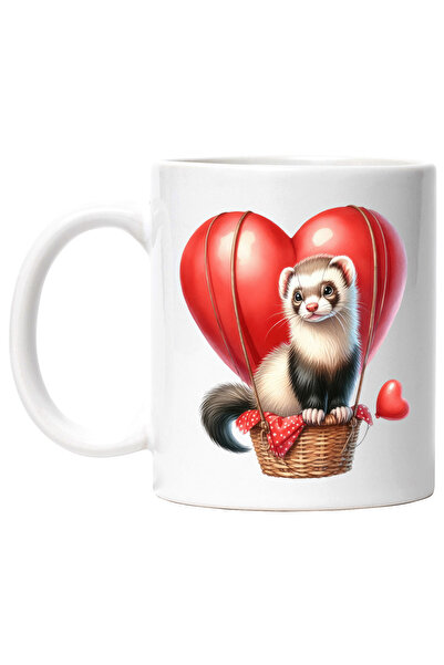 StoryGift Romania Cana cu un dihor care zboara cu un balon cu aer cald | ilustratie | inimioare | , Cu Maner Alb