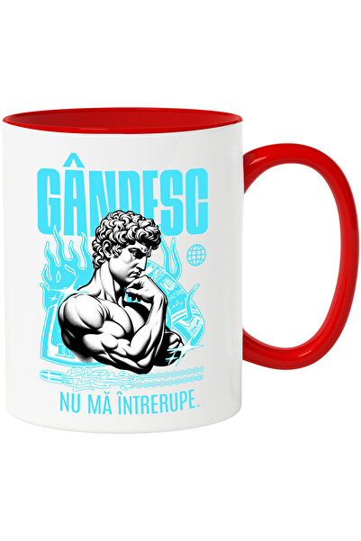 StoryGift Romania Cana cu Statuie Greceasca Ganditoare Text Nu Ma Intrerupe Motivational, Ceramica, Cu Maner Rosu
