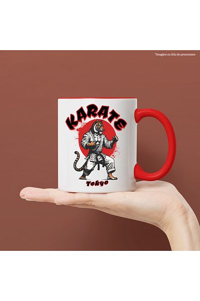 StoryGift Romania Karate Tiger Mug. Tokyo Martial Arts Sport, 330ml, Ceramic With Red Handle, With Red Handle Left,