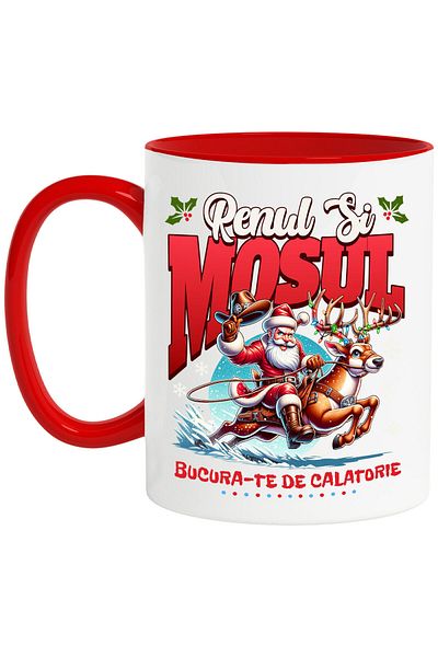 StoryGift Romania Cana cu Mos Cracin Pe Ren Impodobit Text Bucura-te de Calatorie, Cadouri, Viteza, Cu Maner Rosu
