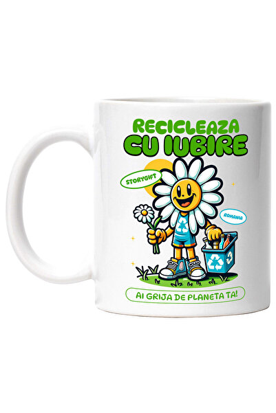 StoryGift Romania Cana cu Floare Margareta Reciclare sticle Goale Text Recicleaza Cu Iubire Ai Gri, Cu Maner Alb