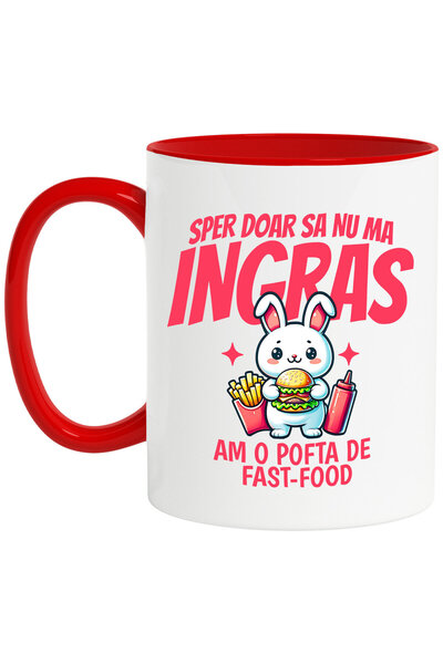 StoryGift Romania Cana cu Iepure Alb Blajin Cu Fast Food Burger Si Cartofi Pr...