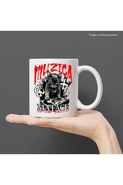 StoryGift Romania Cana pisica dj, muzica ma face s atorc linistita, iubtorii de motani, 330ml, Cer, Cu Maner Alb