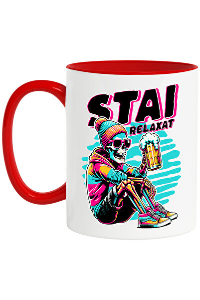 StoryGift Romania Cana Schelete cu bere si ochelarii Stai relaxat, 330ml, Ceramic cu Maner Rosu, Cu Maner Rosu
