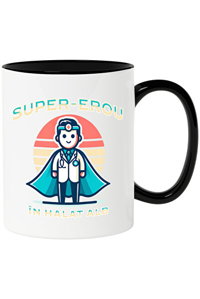 StoryGift Romania Cana Barbat Doctor Text Super-Erou In Halat Alb Meserie, 330ml, Ceramica cu Mane, Cu Maner Negru