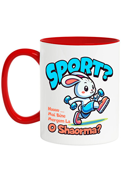 StoryGift Romania Cana cu Iepure Sportiv Gri Cu Gantere Text Sport Nu Mai Bine Mergem la o Shaorma, Cu Maner Rosu