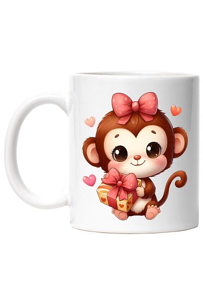 StoryGift Romania Cana cu o maimutica dragalasa | ilustratie | funda | inimioare | tine un cadou i, Cu Maner Alb