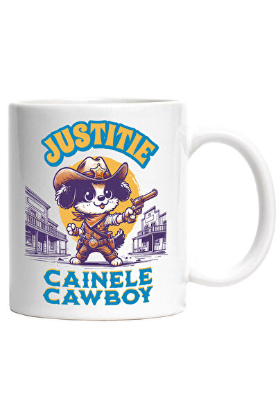 StoryGift Romania Cana cu Caine Serif Vestul Salbatic cu arma si palarie, insigna de aur text Just, Cu Maner Alb