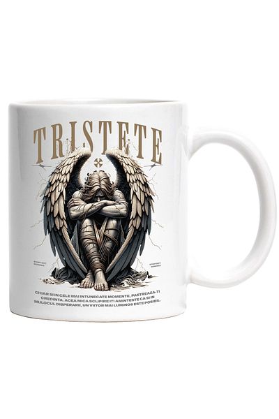 StoryGift Romania Cana Tristete - Inger Cazut cu Mesaj Motivational, 330ml, Ceramic cu Maner Alb, Cu Maner Alb