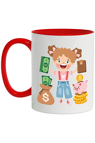 StoryGift Romania Cana Cu Bani, Monede, Porc, Saculet, Portofel, Copil, Multicolor 330 ml, Ceramic, Cu Maner Rosu