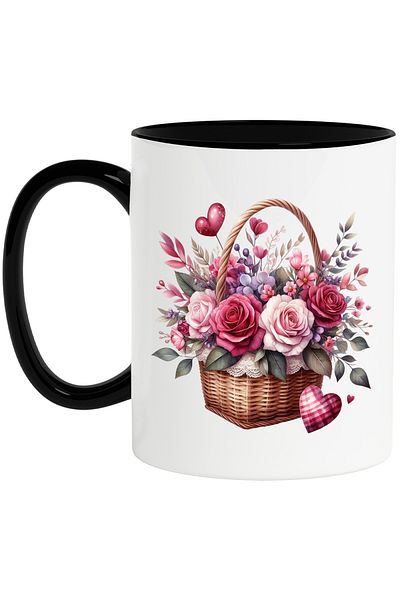 StoryGift Romania Cana cu un cos cu flori, ilustratie, trandafiri, rosii, roz, plante, cadou, dar,, Cu Maner Negru