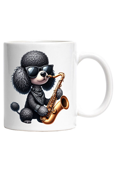 StoryGift Romania Cana cu un catel negru blanos care canta la saxofon | ilust...