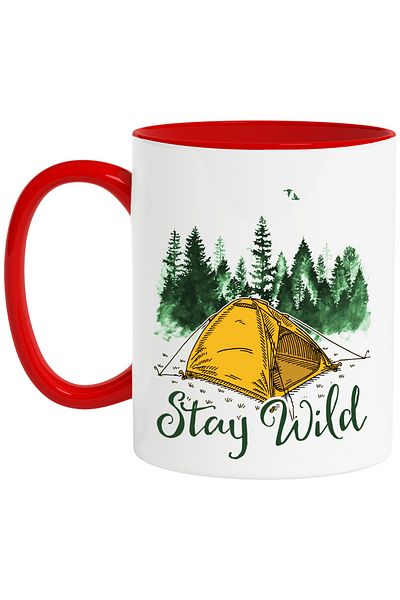 StoryGift Romania Mug with the message "Stay wild", travel, illustration, nature, fir trees, tent, stay, With ,STG