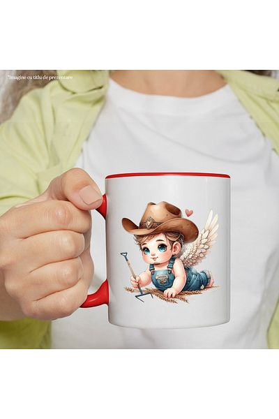StoryGift Romania Mug with a baby with wings holding a fork | illustration | wheat | hat, With