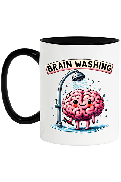 StoryGift Romania Cana cu mesajul "Brain washing", ilustratie, creier care sta sub un dus, spalare, Cu Maner Negru