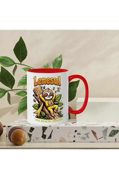 StoryGift Romania Mug The Lazy Man Knows the Secret of Happiness, 330ml, Ceramic with Red Handle, With Red Handle STG,STG