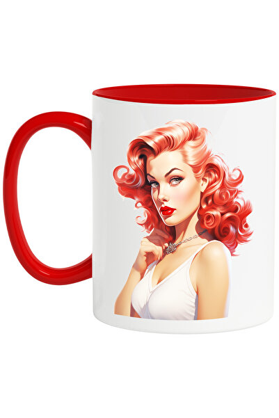 StoryGift Romania Cana cu o femeie frumoasa roscata, colier argintiu la gat, ilustratie, stil retr, Cu Maner Rosu